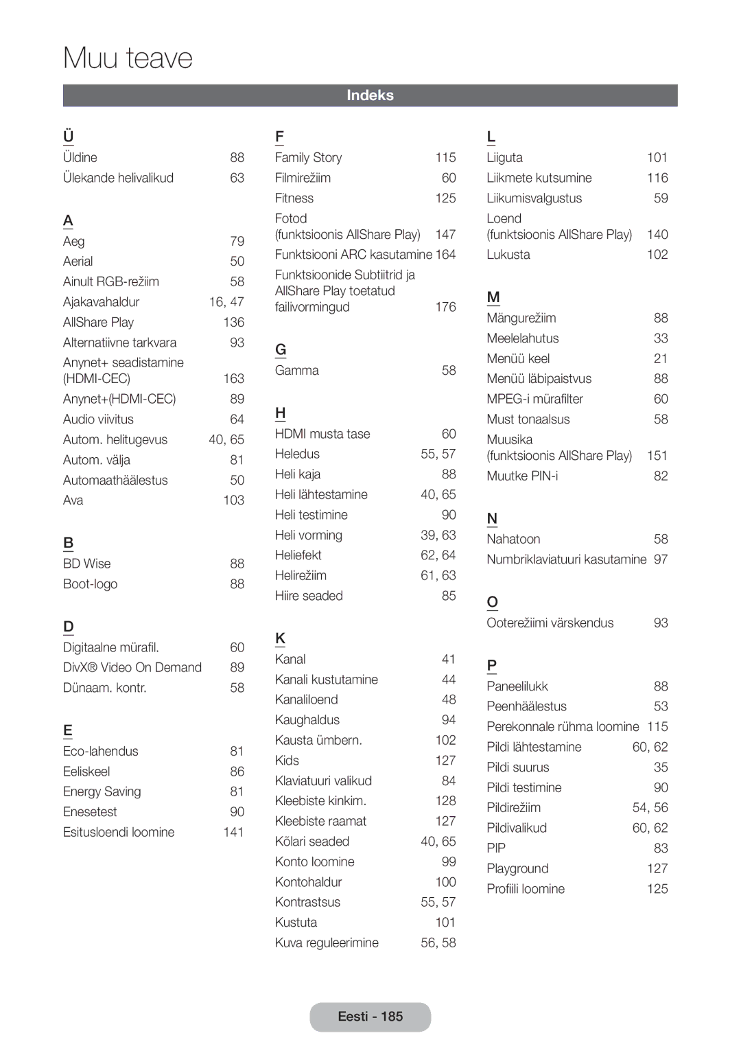 Samsung LT27B750EW/EN manual Indeks, Üldine Ülekande helivalikud Aeg Aerial 