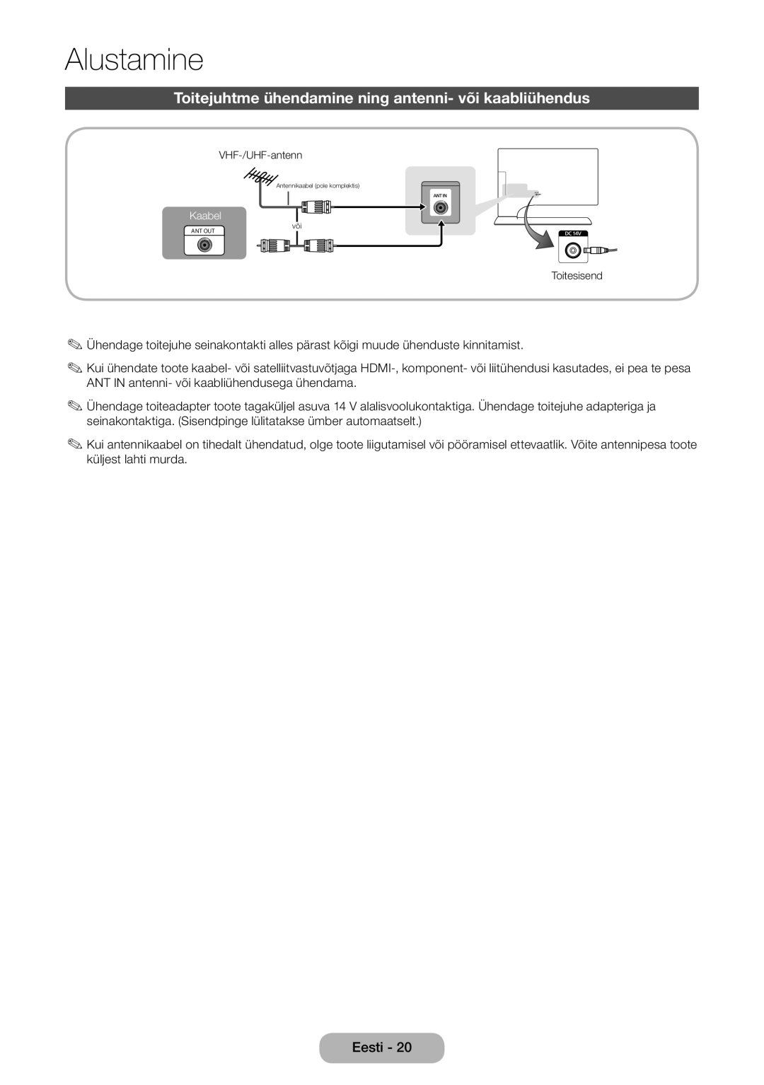 Samsung LT27B750EW/EN manual Toitejuhtme ühendamine ning antenni- või kaabliühendus 