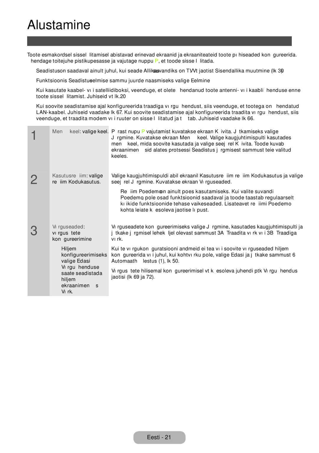 Samsung LT27B750EW/EN manual Põhiseadete konfigureerimine esmakordsel seadistamisel, Võrguseaded, Võrk 