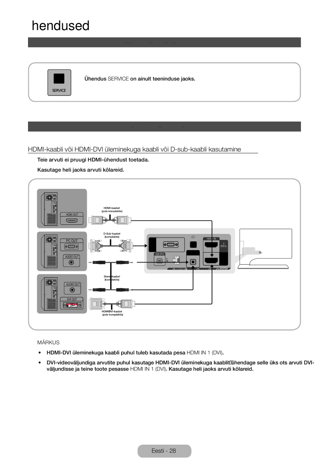 Samsung LT27B750EW/EN manual Teeninduse kaabelühendus, Arvutiga ühendamine 