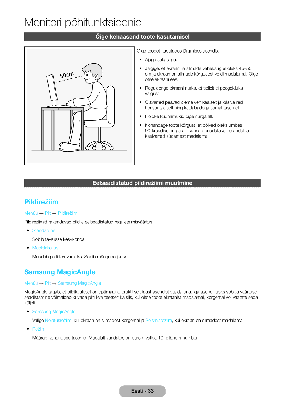 Samsung LT27B750EW/EN manual Pildirežiim, Samsung MagicAngle, Õige kehaasend toote kasutamisel 