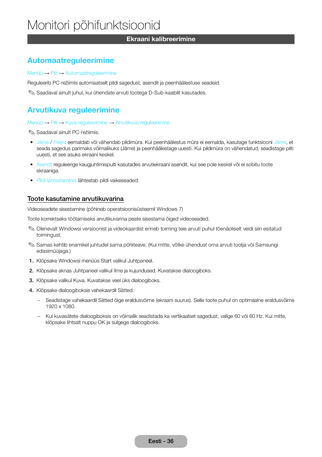 Samsung LT27B750EW/EN manual Automaatreguleerimine, Arvutikuva reguleerimine, Ekraani kalibreerimine 