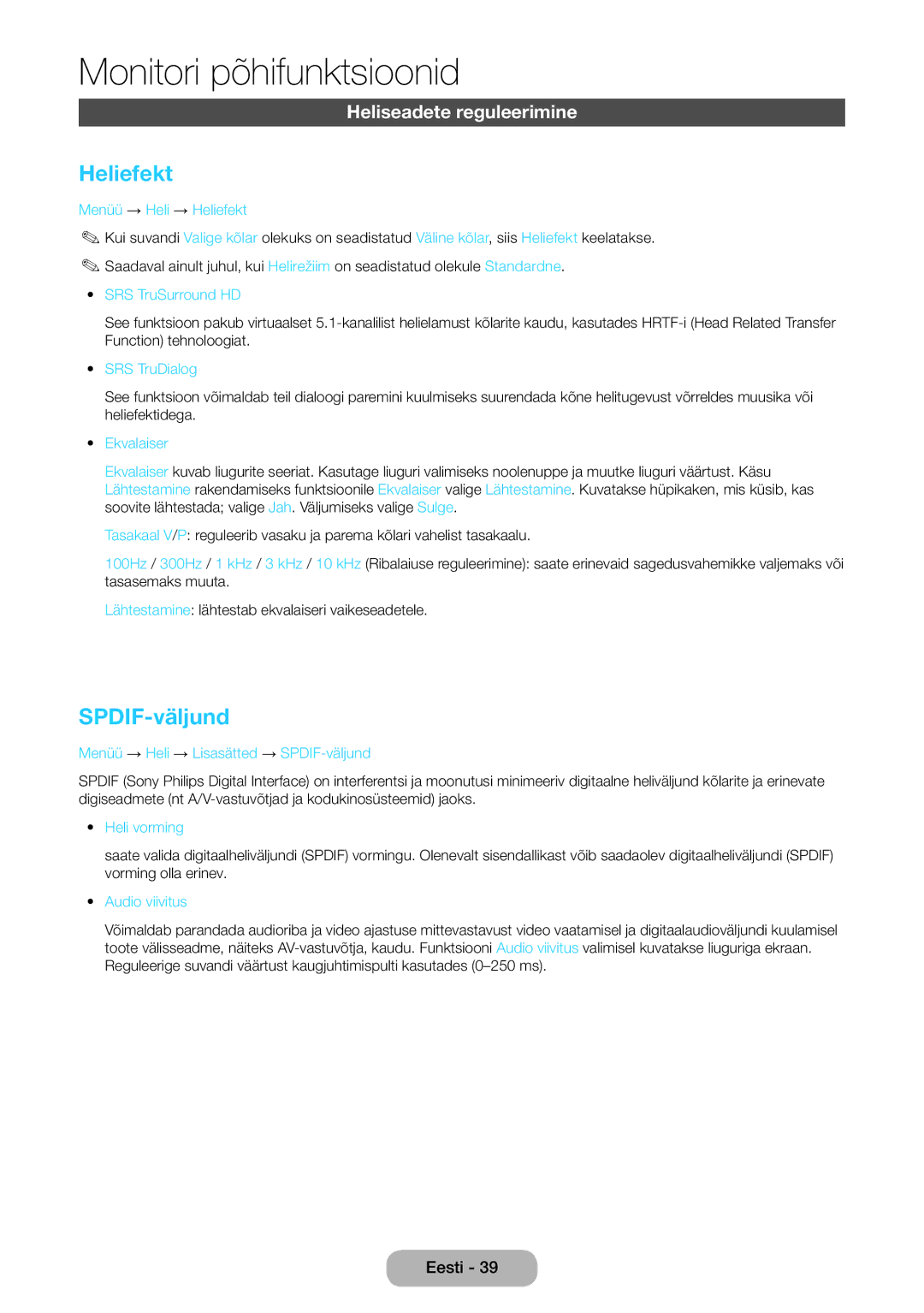 Samsung LT27B750EW/EN manual Heliefekt, SPDIF-väljund, Heliseadete reguleerimine 