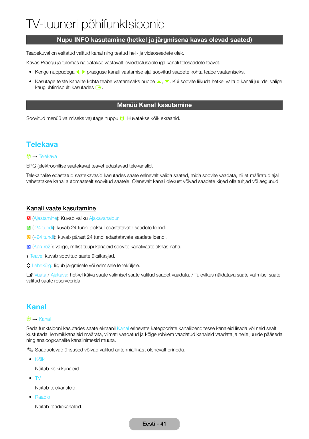 Samsung LT27B750EW/EN manual Telekava, Menüü Kanal kasutamine, Kanali vaate kasutamine 