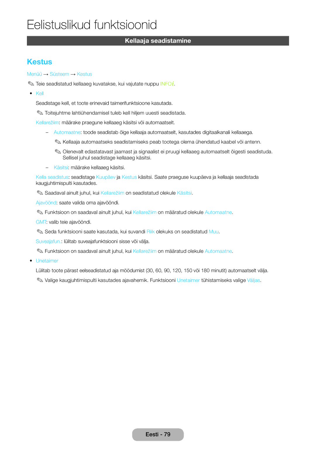 Samsung LT27B750EW/EN manual Kellaaja seadistamine, Menüü → Süsteem → Kestus, Unetaimer 