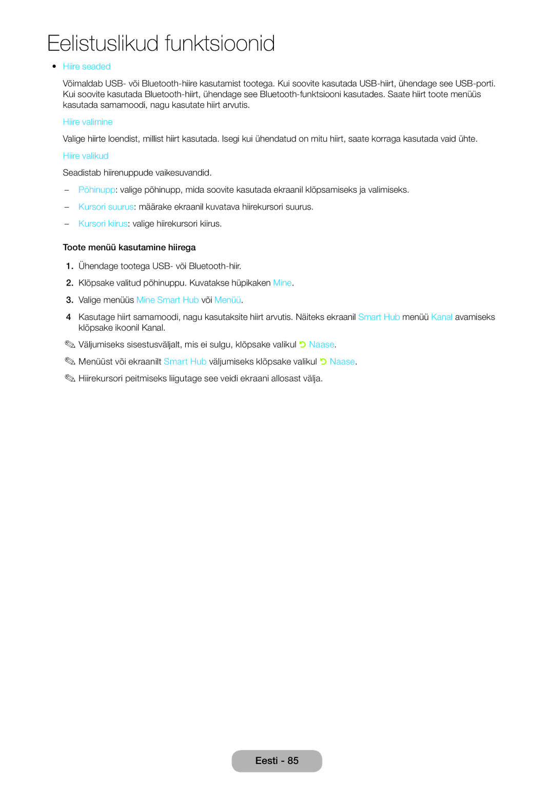 Samsung LT27B750EW/EN manual Hiire seaded, Hiire valimine, Valige menüüs Mine Smart Hub või Menüü 