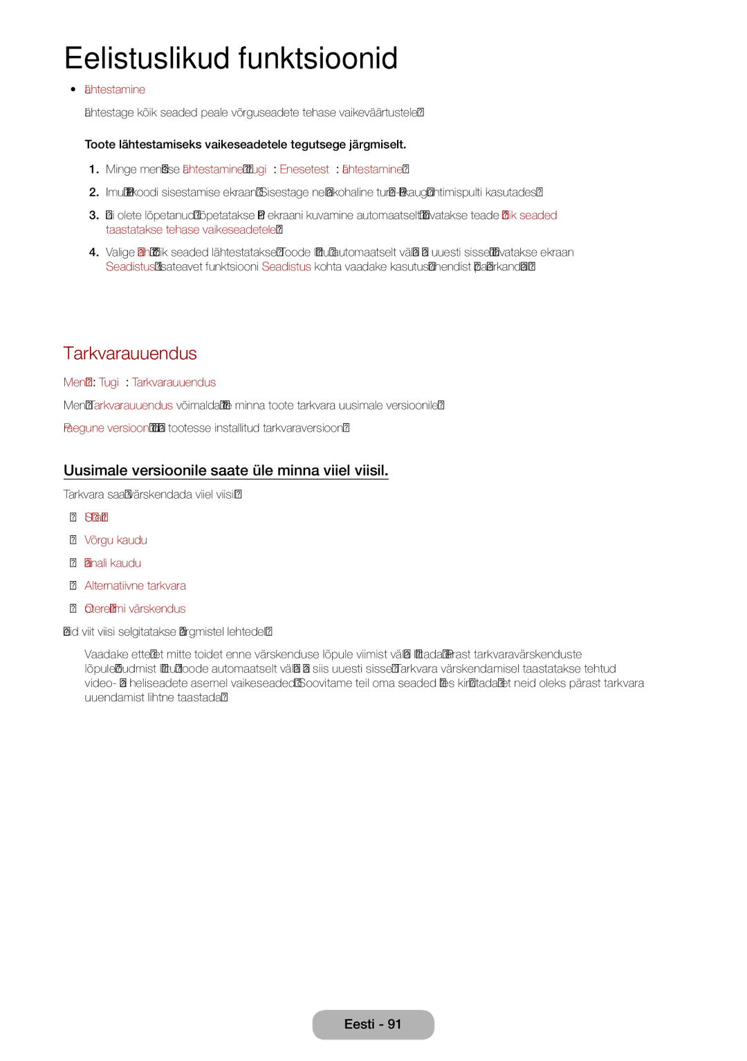 Samsung LT27B750EW/EN manual Tarkvarauuendus, Uusimale versioonile saate üle minna viiel viisil, Lähtestamine 