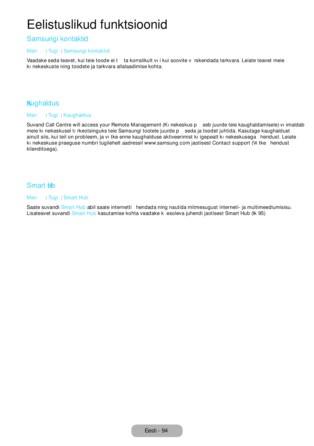 Samsung LT27B750EW/EN manual Samsungi kontaktid, Kaughaldus, Smart Hub 