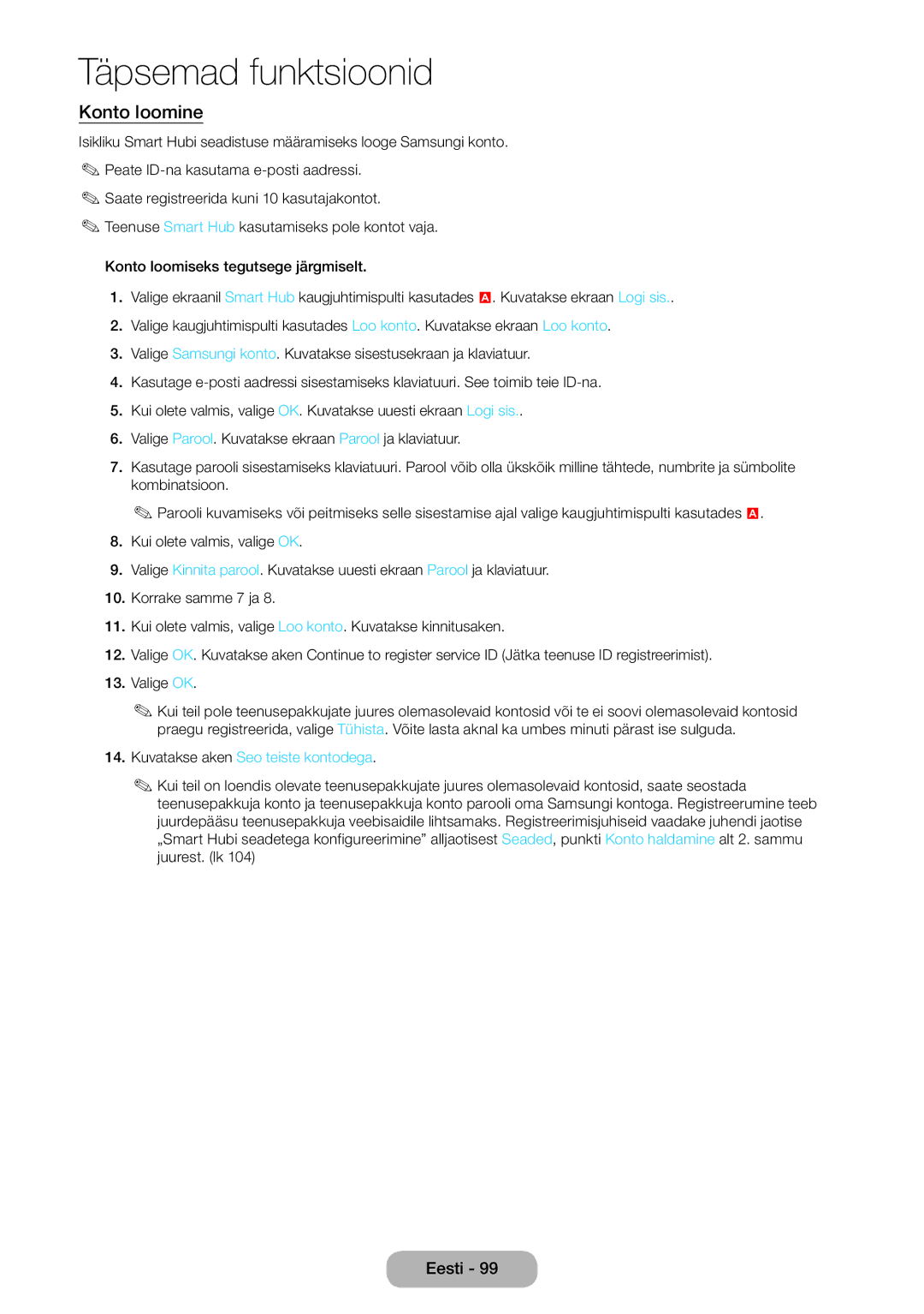 Samsung LT27B750EW/EN manual Konto loomine, Kuvatakse aken Seo teiste kontodega 