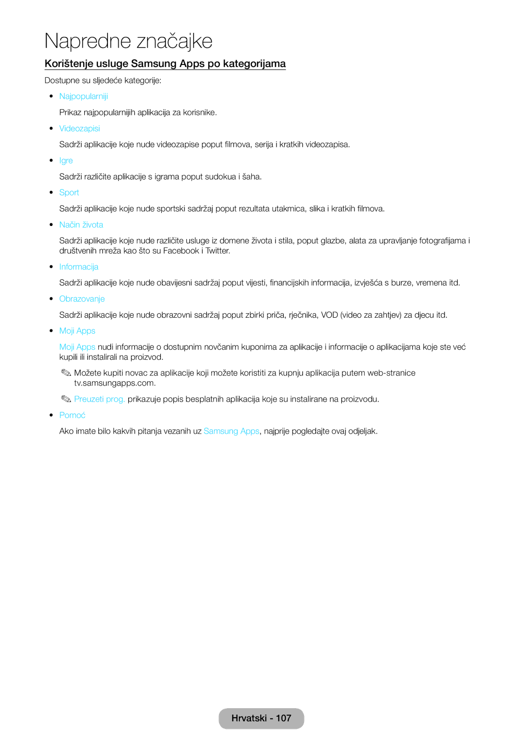 Samsung LT27B750EW/EN manual Korištenje usluge Samsung Apps po kategorijama 