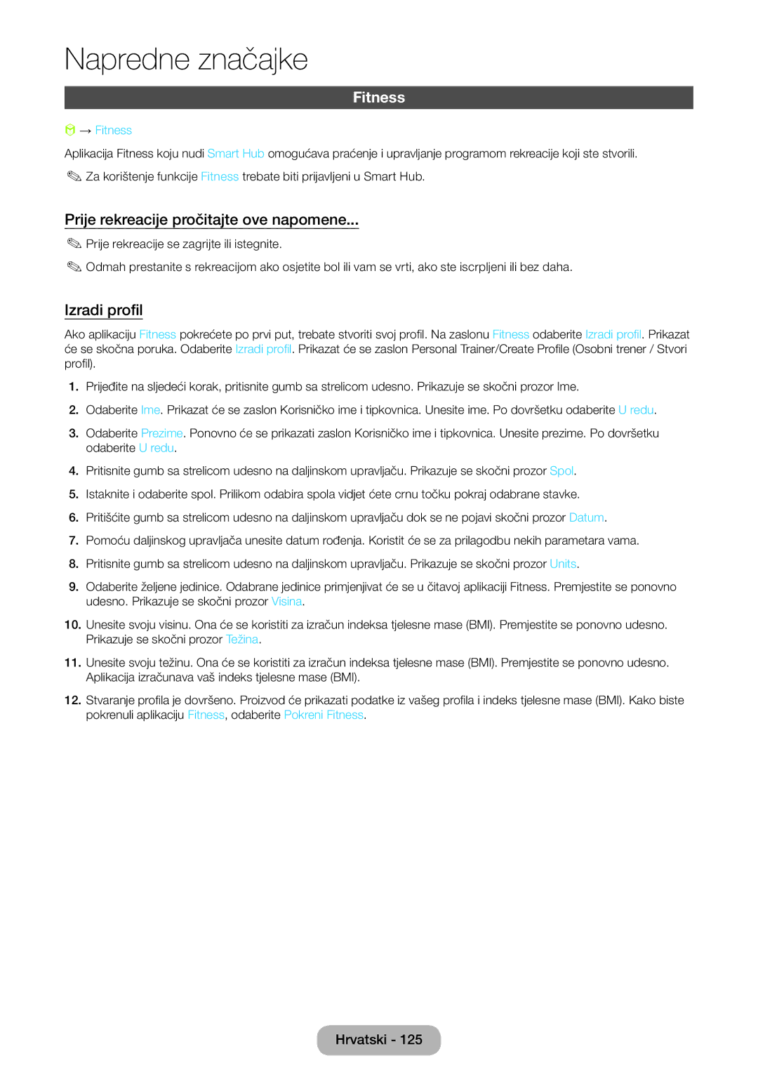 Samsung LT27B750EW/EN manual Prije rekreacije pročitajte ove napomene, Izradi profil, → Fitness 