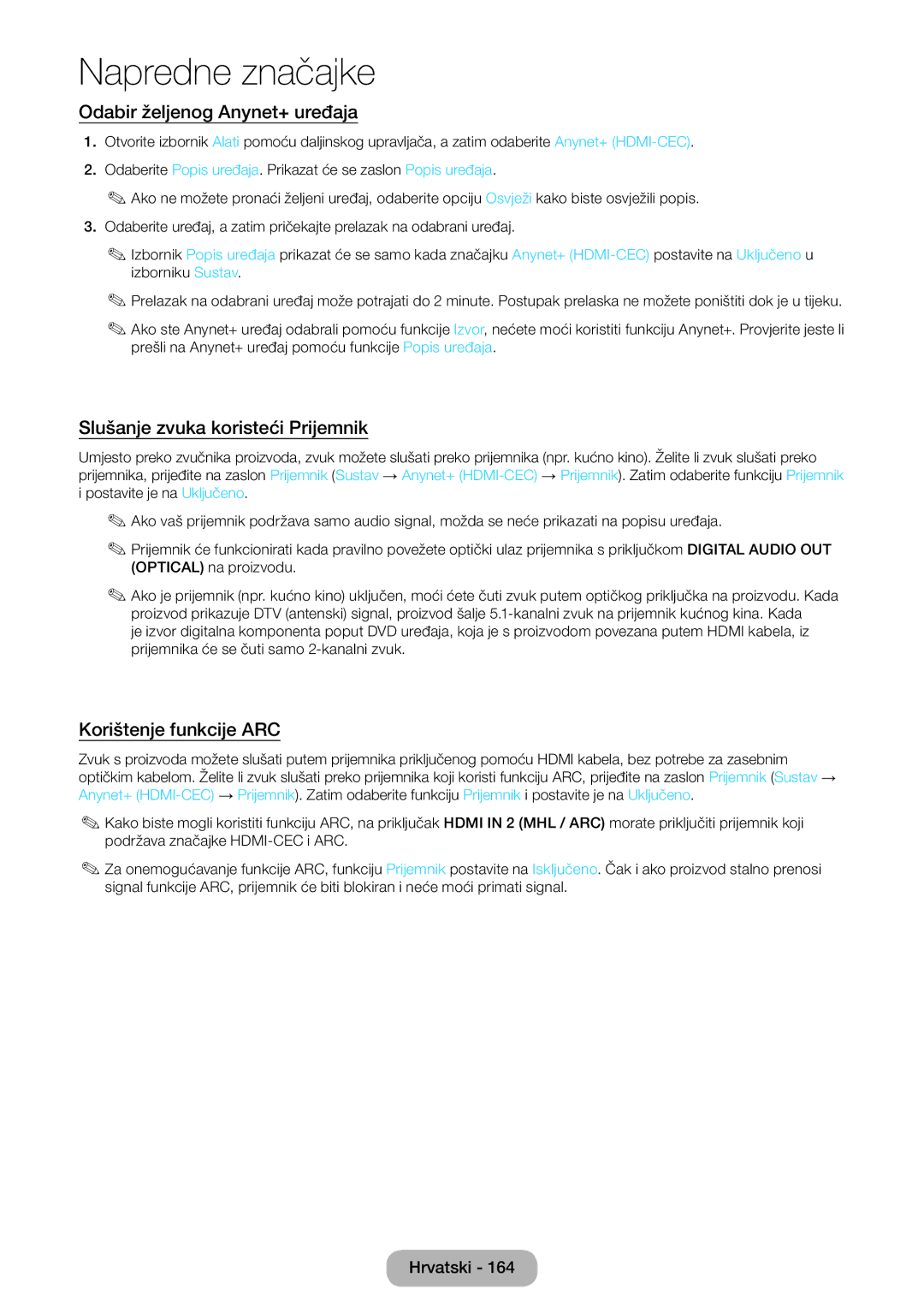 Samsung LT27B750EW/EN manual Odabir željenog Anynet+ uređaja, Slušanje zvuka koristeći Prijemnik, Korištenje funkcije ARC 