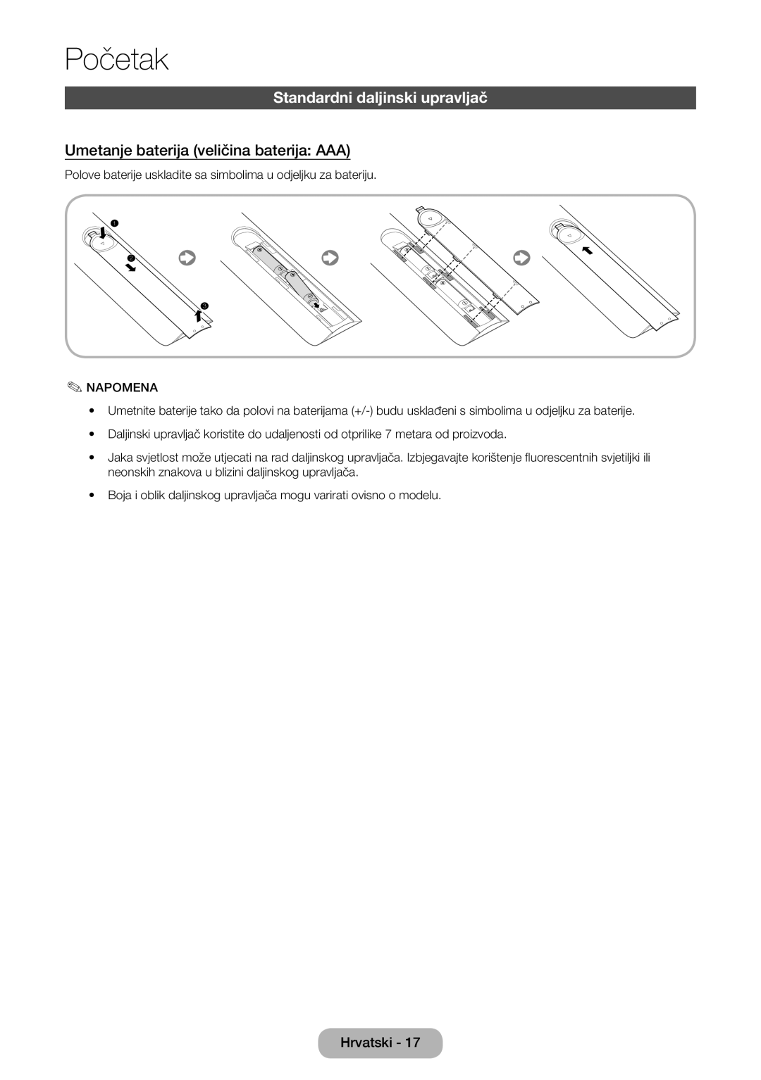 Samsung LT27B750EW/EN manual Standardni daljinski upravljač, Umetanje baterija veličina baterija AAA 