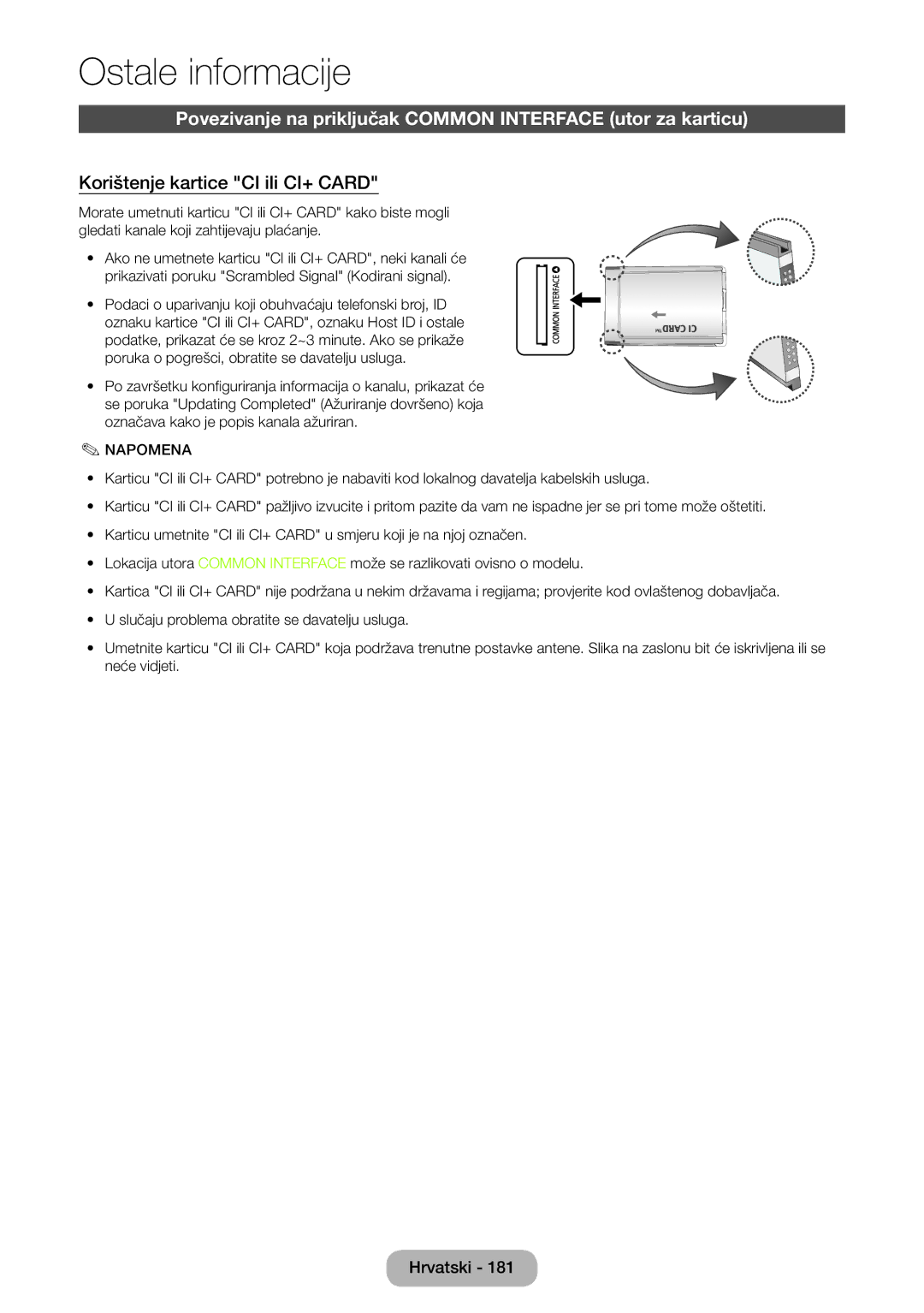 Samsung LT27B750EW/EN manual Povezivanje na priključak Common Interface utor za karticu, Korištenje kartice CI ili CI+ Card 