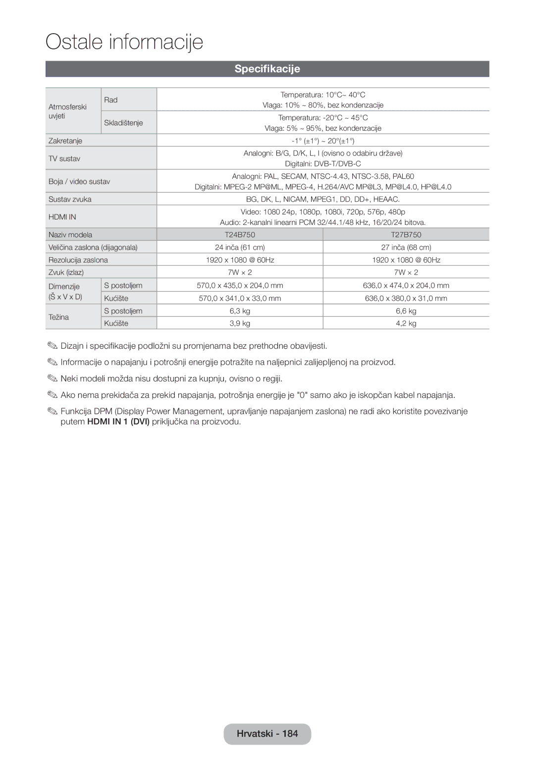 Samsung LT27B750EW/EN manual Specifikacije, Digitalni DVB-T/DVB-C Boja / video sustav 