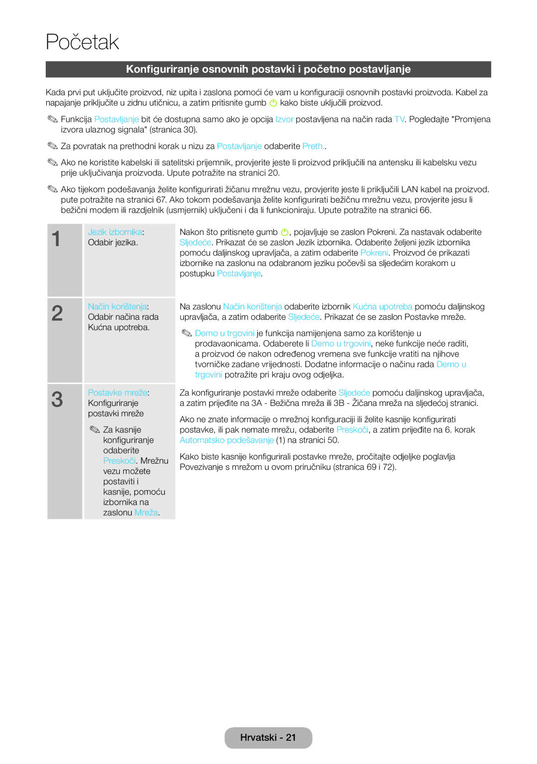 Samsung LT27B750EW/EN manual Konfiguriranje osnovnih postavki i početno postavljanje, Odabir jezika, Način korištenja 