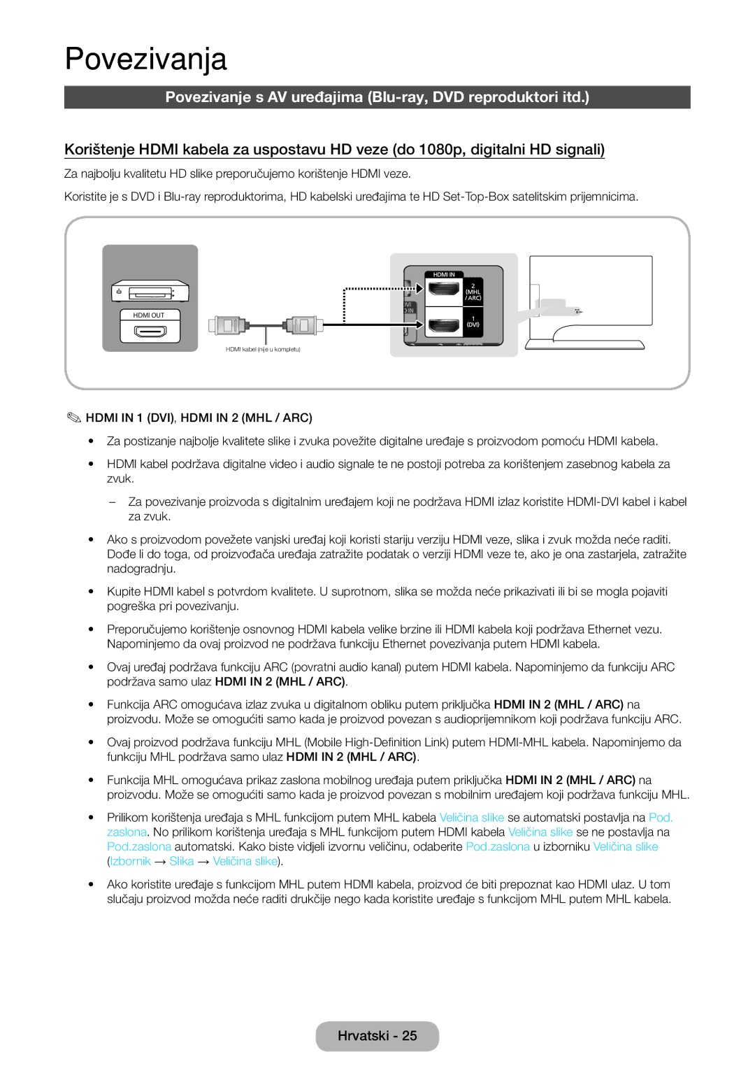 Samsung LT27B750EW/EN manual Povezivanja, Povezivanje s AV uređajima Blu-ray, DVD reproduktori itd 