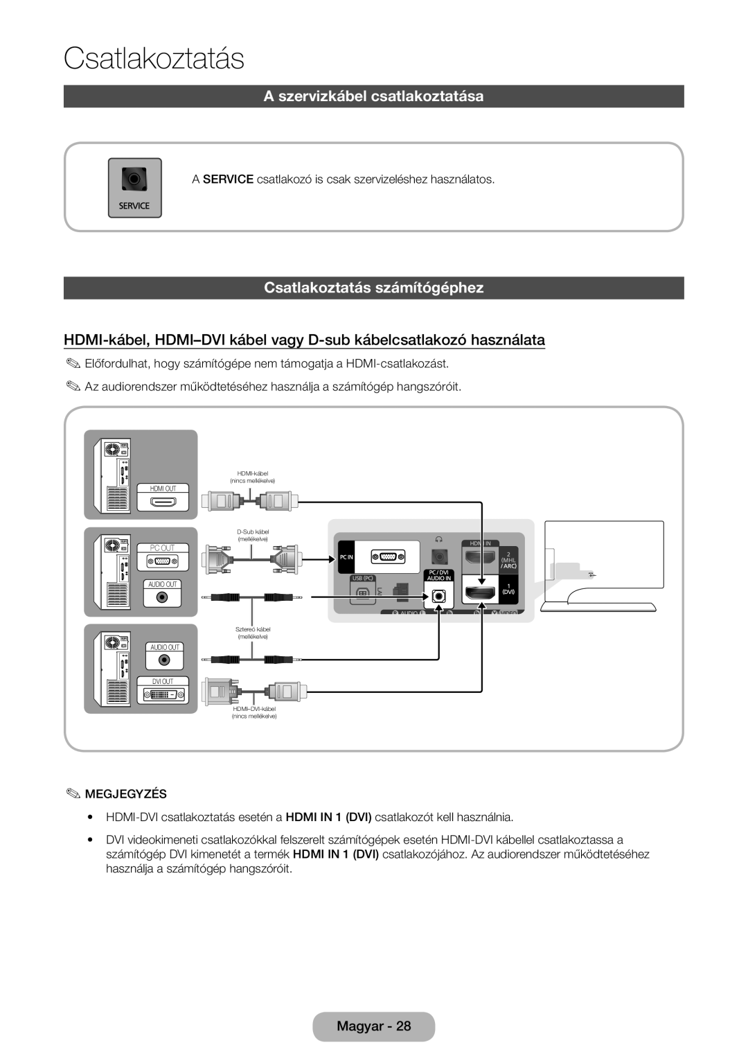 Samsung LT27B750EX/XE, LT27B750EWV/EN, LT24B750EW/EN manual Szervizkábel csatlakoztatása, Csatlakoztatás számítógéphez 