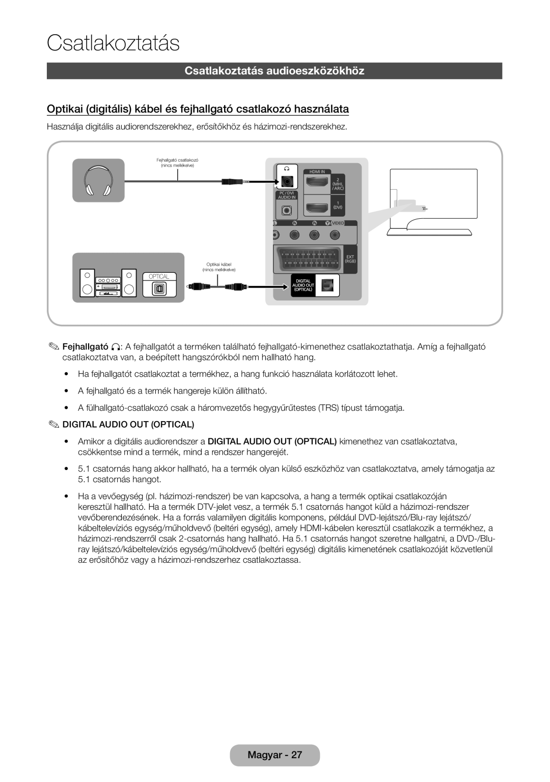 Samsung LT24B750EX/XE manual Csatlakoztatás audioeszközökhöz, Optikai digitális kábel és fejhallgató csatlakozó használata 