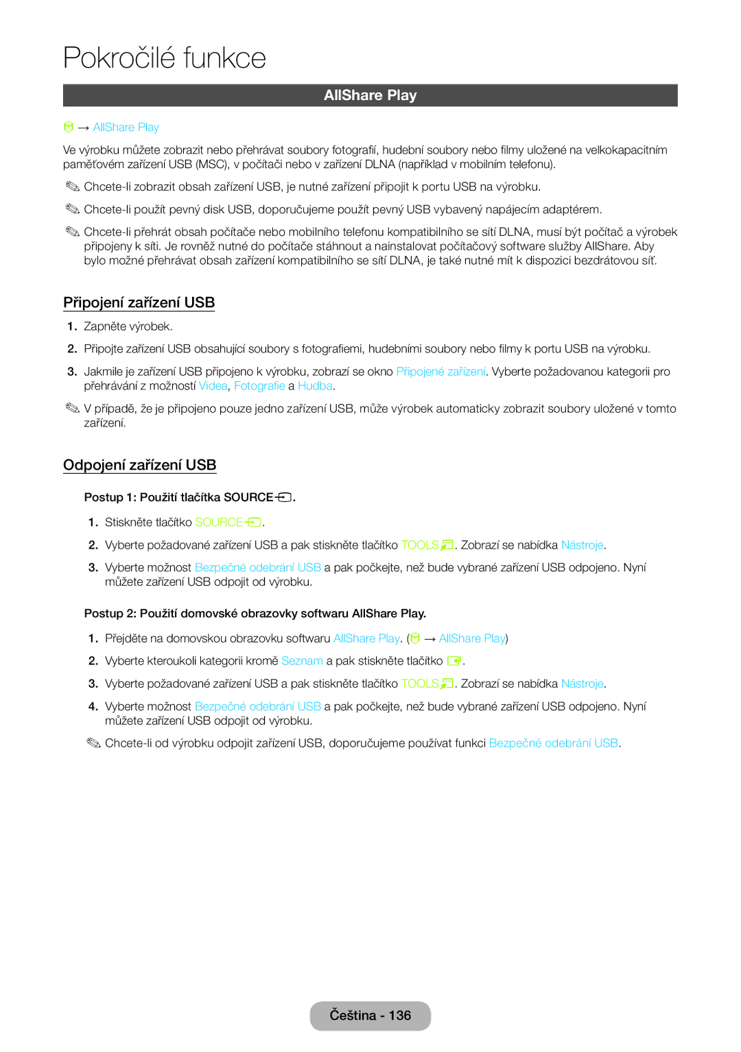 Samsung LT24B750EW/EN, LT27B750EWV/EN, LT27B750EW/EN Připojení zařízení USB, Odpojení zařízení USB, → AllShare Play 