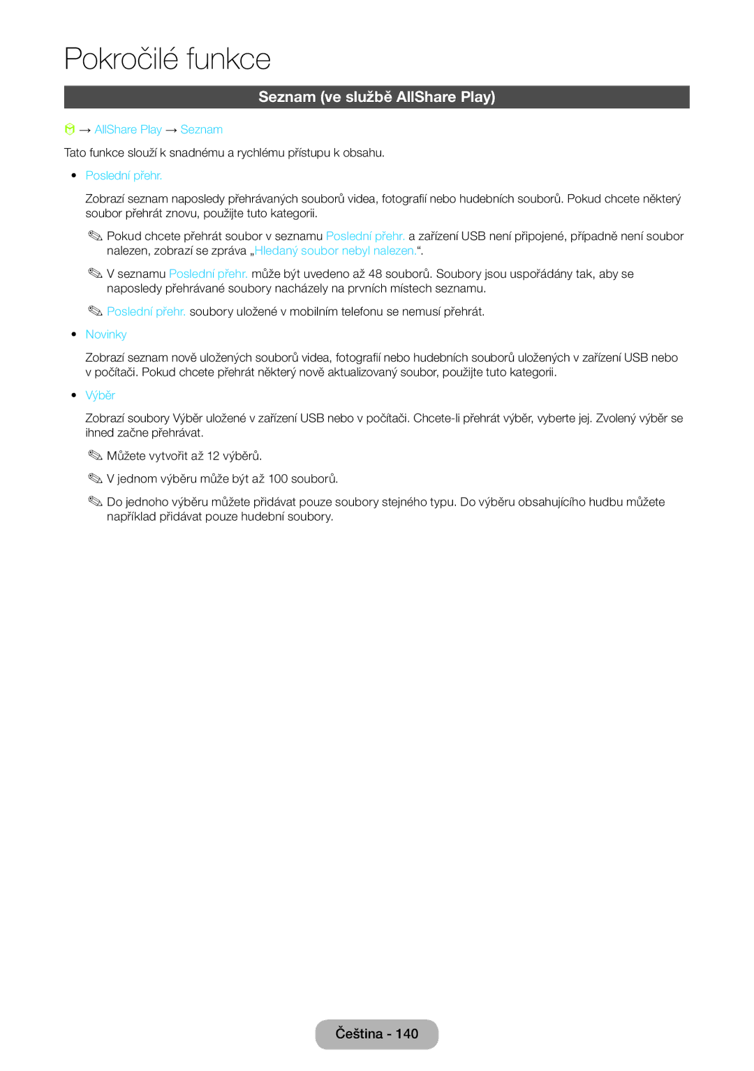 Samsung LT27B750EW/EN manual Seznam ve službě AllShare Play, → AllShare Play → Seznam, Poslední přehr, Novinky, Výběr 