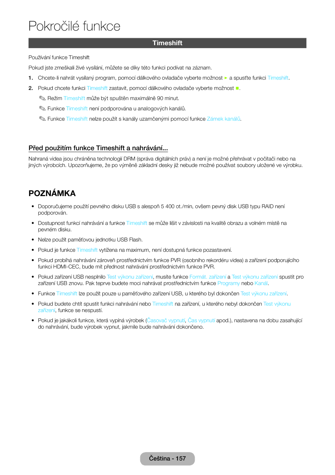 Samsung LT24B750EW/EN, LT27B750EWV/EN, LT27B750EW/EN manual Před použitím funkce Timeshift a nahrávání 