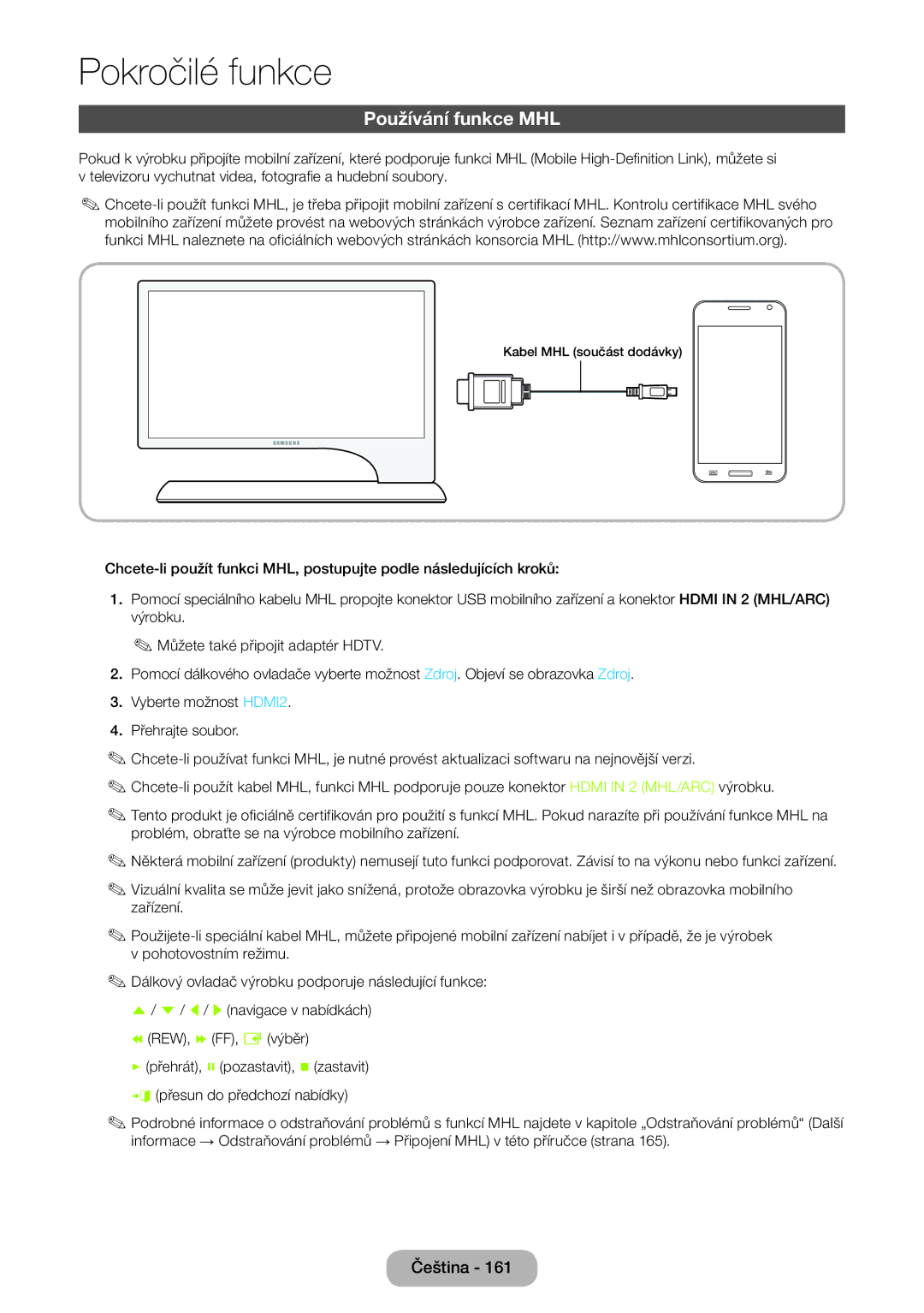 Samsung LT27B750EW/EN, LT27B750EWV/EN, LT24B750EW/EN manual Používání funkce MHL 