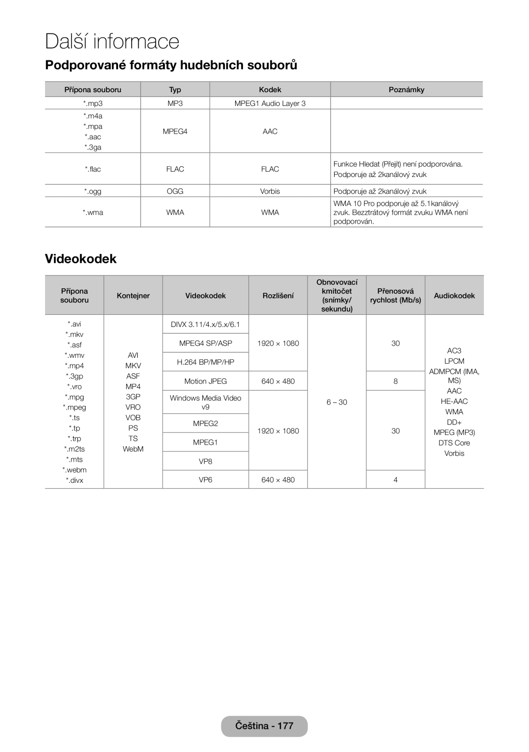 Samsung LT27B750EWV/EN, LT24B750EW/EN, LT27B750EW/EN manual Podporované formáty hudebních souborů 