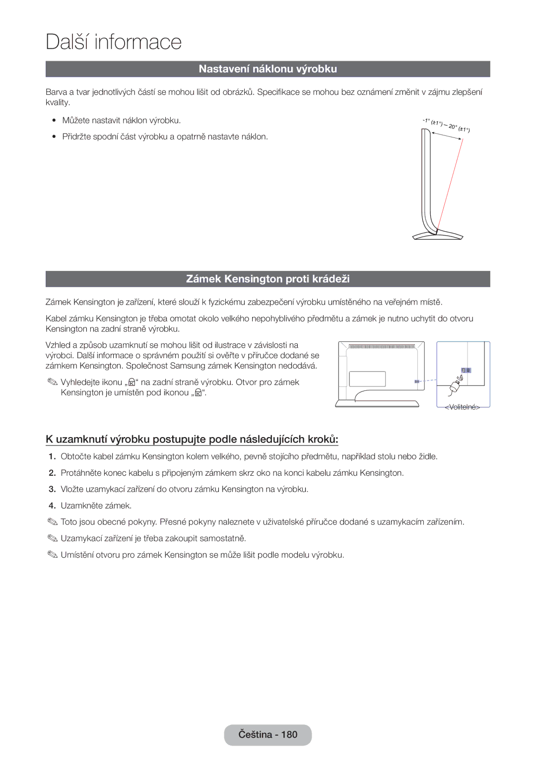 Samsung LT27B750EWV/EN, LT24B750EW/EN, LT27B750EW/EN manual Nastavení náklonu výrobku, Zámek Kensington proti krádeži 