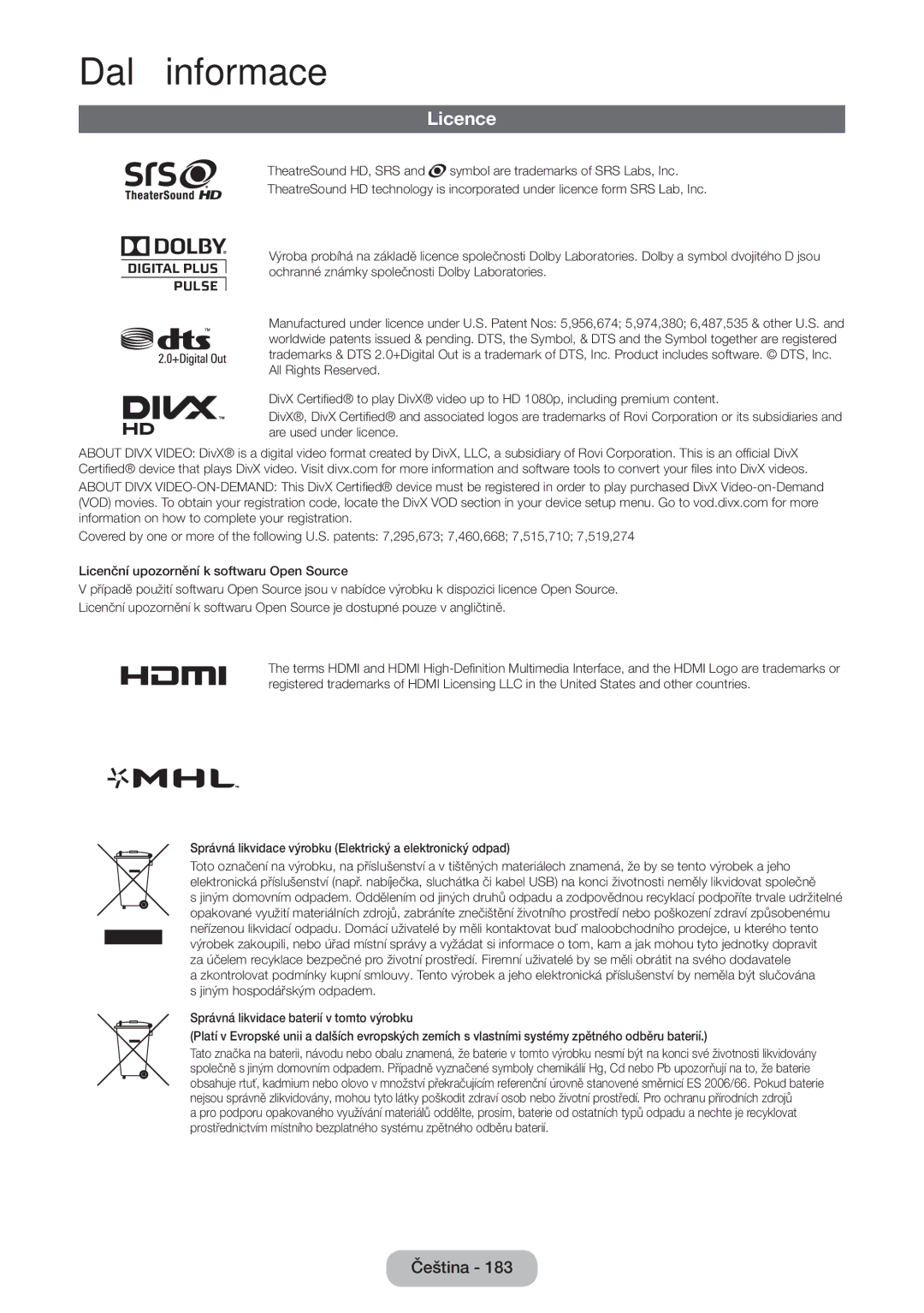 Samsung LT27B750EWV/EN, LT24B750EW/EN, LT27B750EW/EN Licence, Správná likvidace výrobku Elektrický a elektronický odpad 