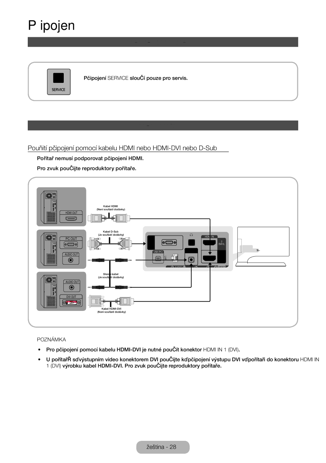 Samsung LT24B750EW/EN, LT27B750EWV/EN, LT27B750EW/EN manual Připojení servisního kabelu, Připojení k počítači 