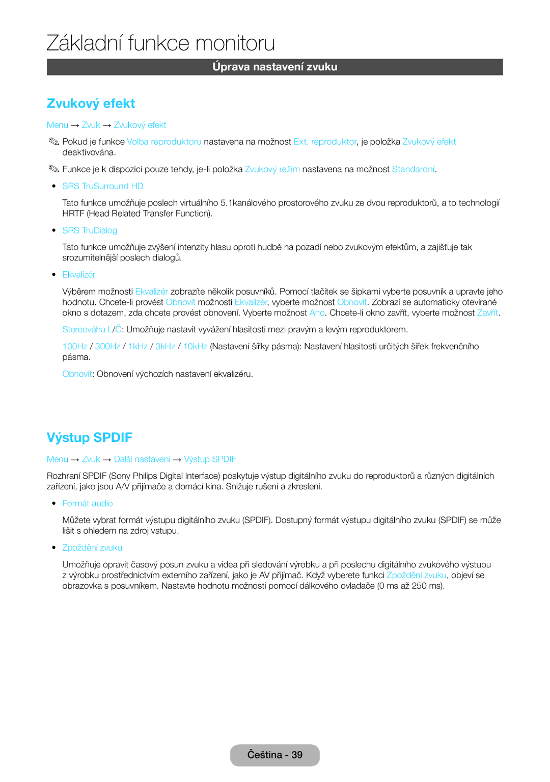 Samsung LT27B750EWV/EN, LT24B750EW/EN, LT27B750EW/EN manual Zvukový efekt, Výstup Spdif, Úprava nastavení zvuku 