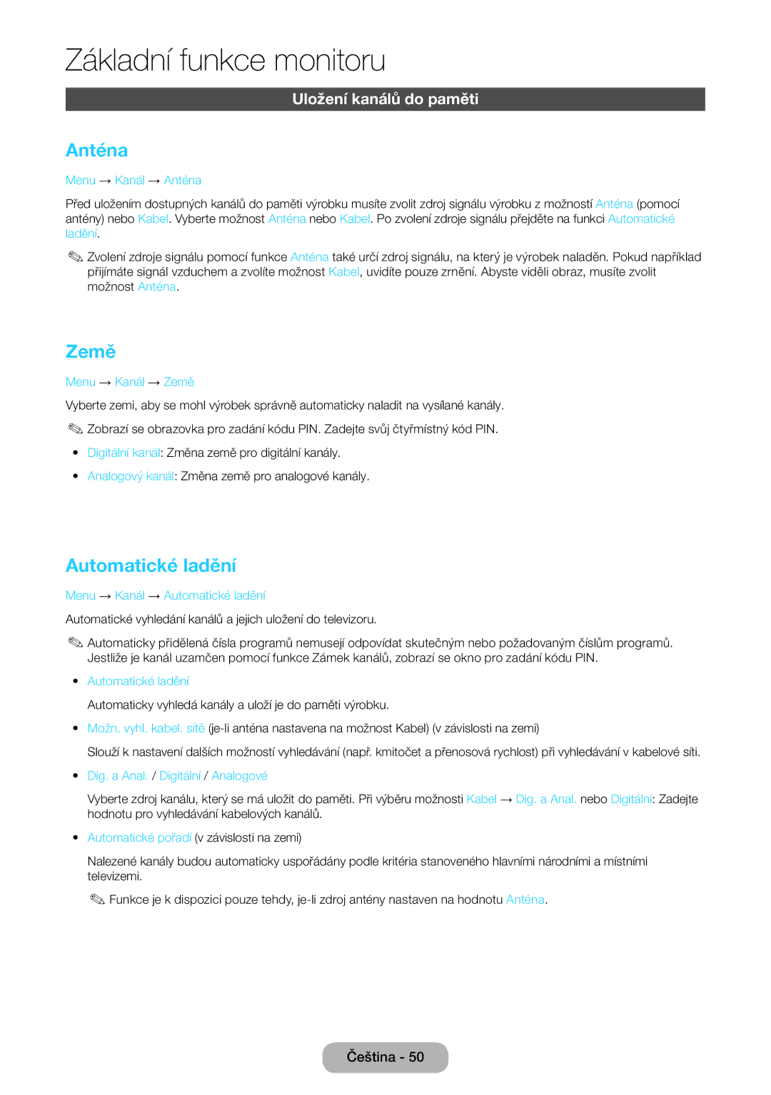 Samsung LT27B750EW/EN, LT27B750EWV/EN, LT24B750EW/EN manual Anténa, Země, Automatické ladění, Uložení kanálů do paměti 