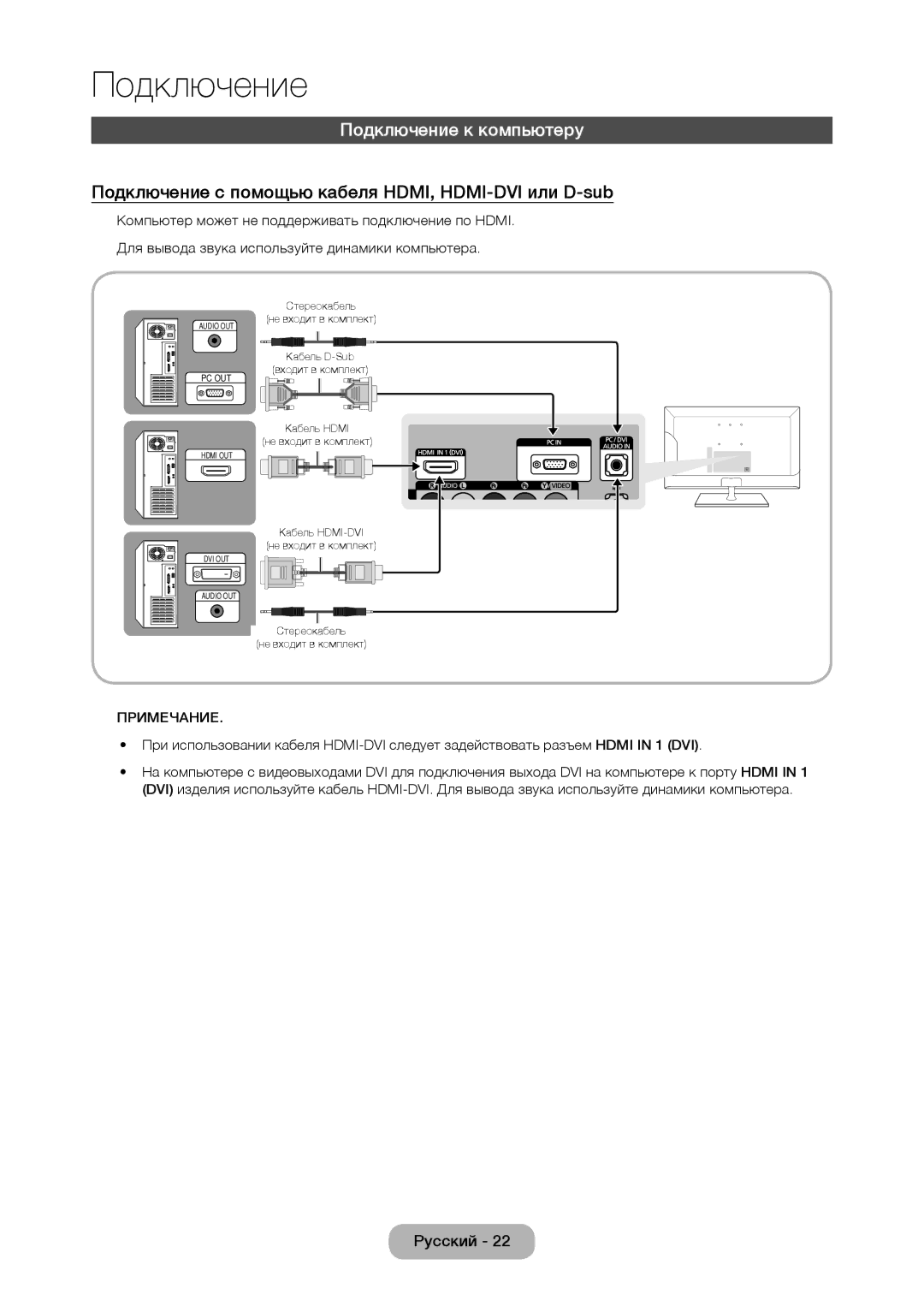 Samsung LT27C370EX/CI, LT27C350EW/EN manual Подключение к компьютеру, Подключение с помощью кабеля HDMI, HDMI-DVI или D-sub 