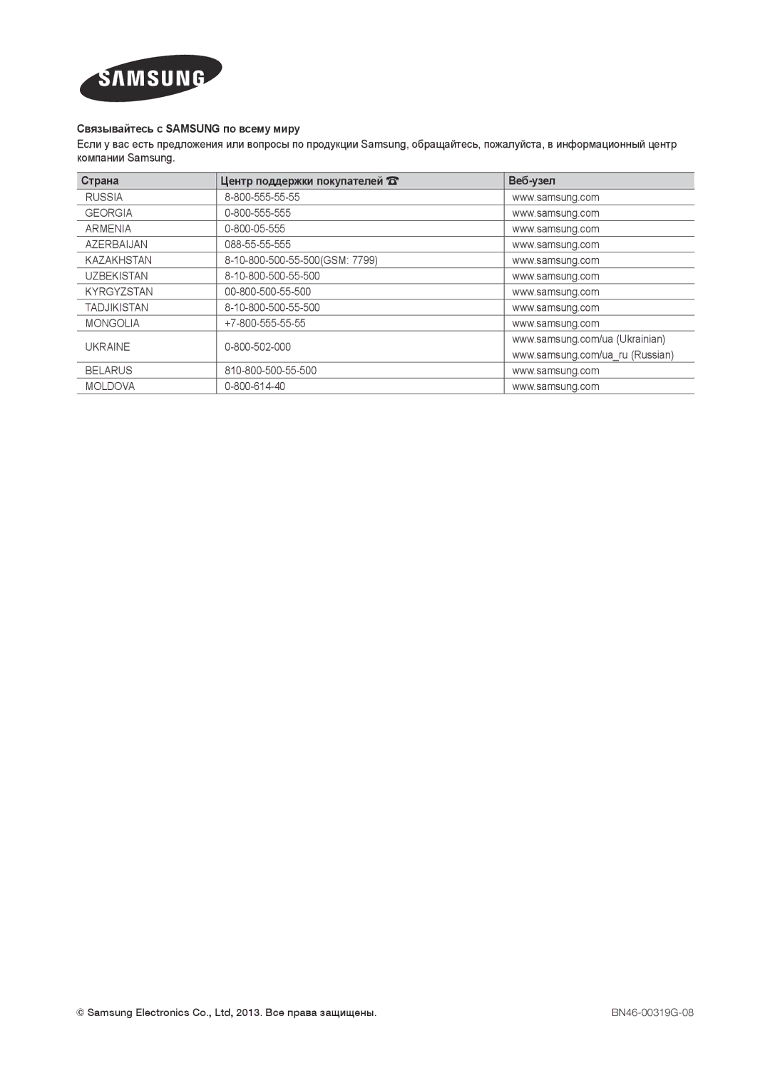 Samsung LT27C350EW/EN, LT19C350EXQ/RU, LT27C370EX/CI, LT23C370EX/CI, LT22C350EX/CI manual Связывайтесь с Samsung по всему миру 