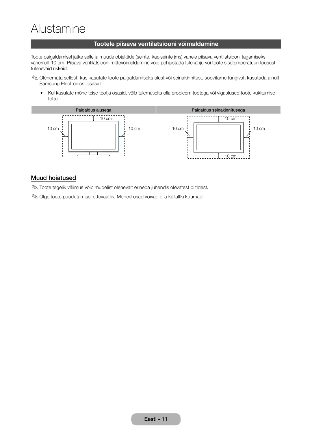 Samsung LT27C350EW/EN manual Tootele piisava ventilatsiooni võimaldamine, Muud hoiatused 