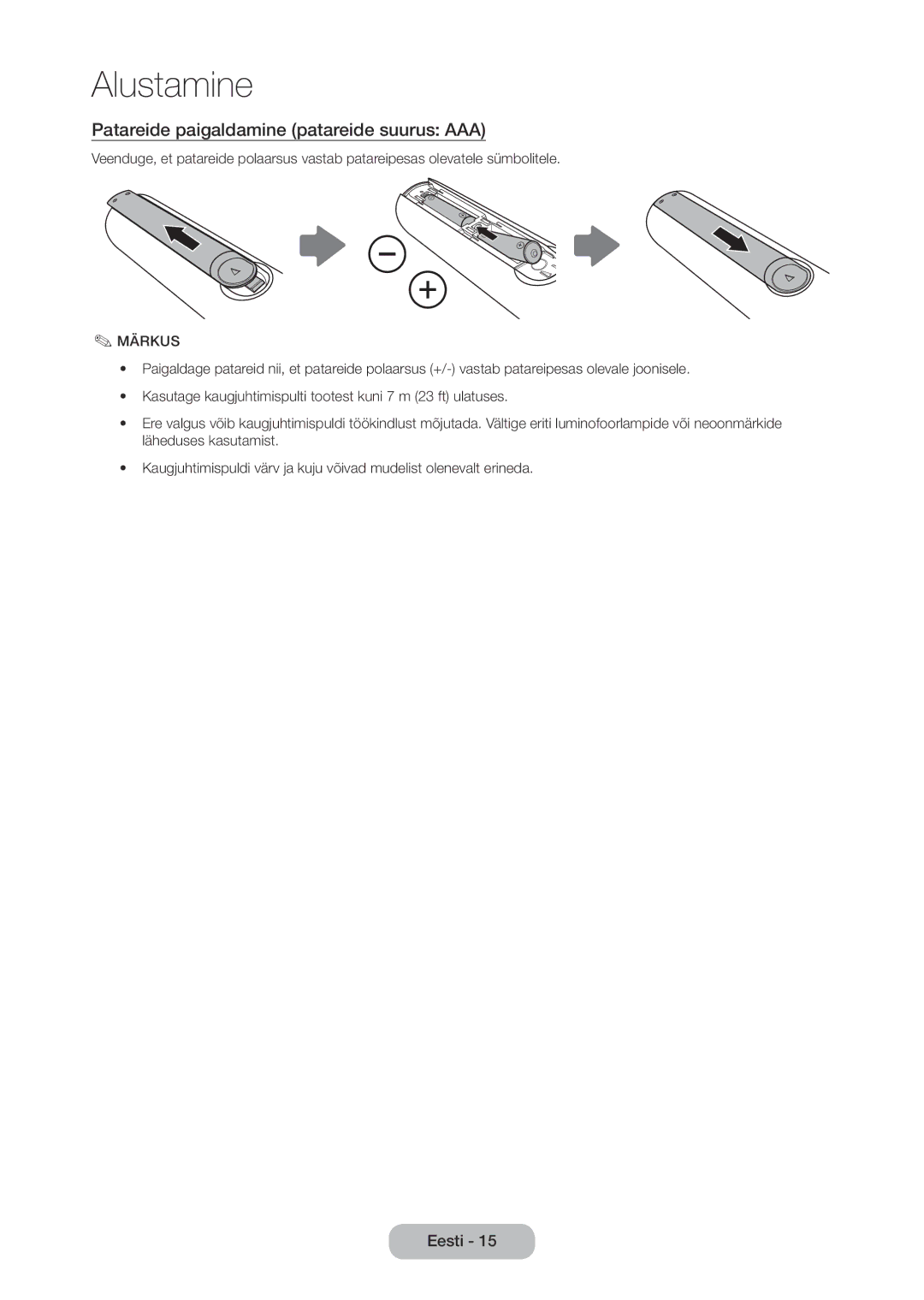 Samsung LT27C350EW/EN manual Patareide paigaldamine patareide suurus AAA, Märkus 