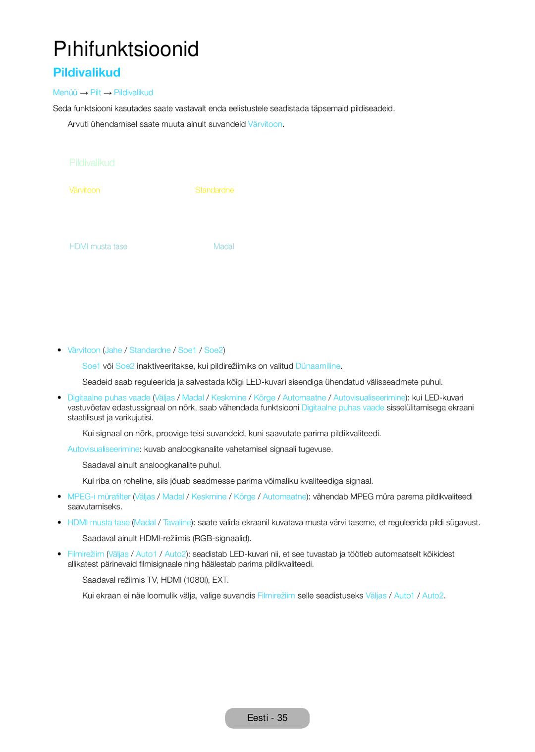 Samsung LT27C350EW/EN manual Menüü → Pilt → Pildivalikud, Värvitoon Jahe / Standardne / Soe1 / Soe2 