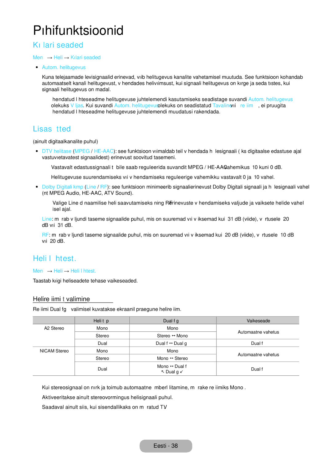 Samsung LT27C350EW/EN manual Kõlari seaded, Lisasätted, Heli lähtest, Helirežiimi t valimine 