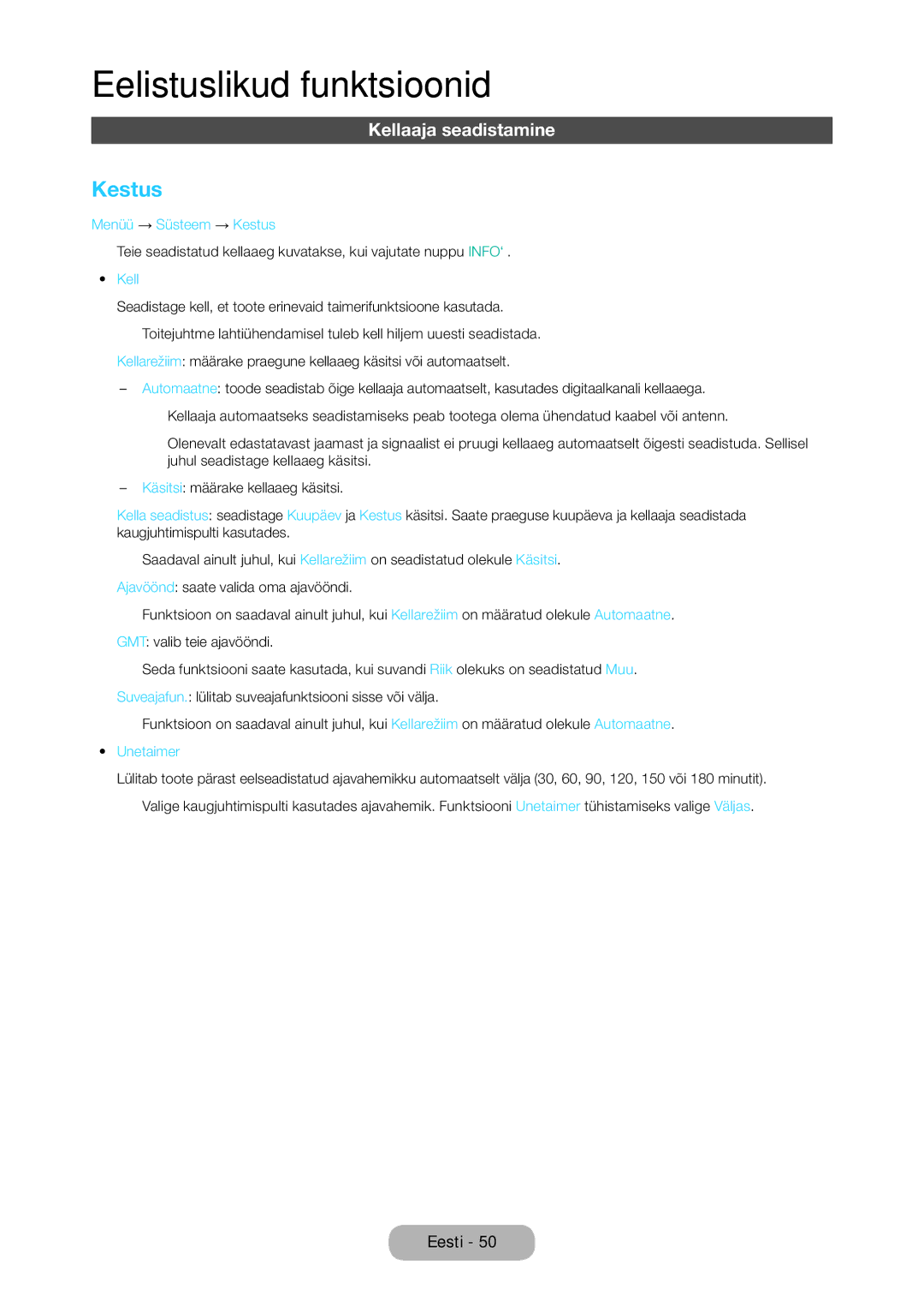 Samsung LT27C350EW/EN manual Kellaaja seadistamine, Menüü → Süsteem → Kestus, Unetaimer 