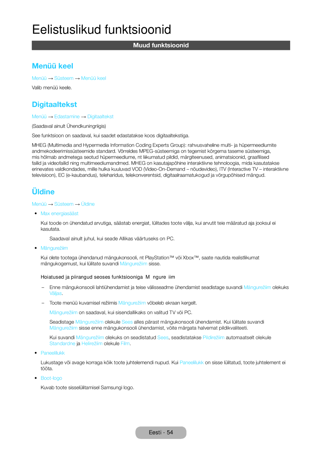 Samsung LT27C350EW/EN manual Menüü keel, Digitaaltekst, Üldine 