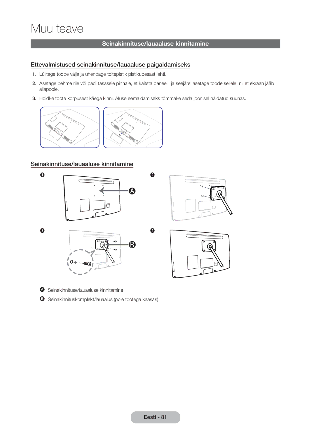 Samsung LT27C350EW/EN manual Seinakinnituse/lauaaluse kinnitamine, Ettevalmistused seinakinnituse/lauaaluse paigaldamiseks 