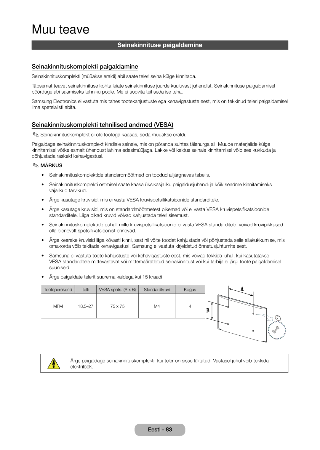 Samsung LT27C350EW/EN manual Seinakinnituse paigaldamine, Seinakinnituskomplekti paigaldamine 