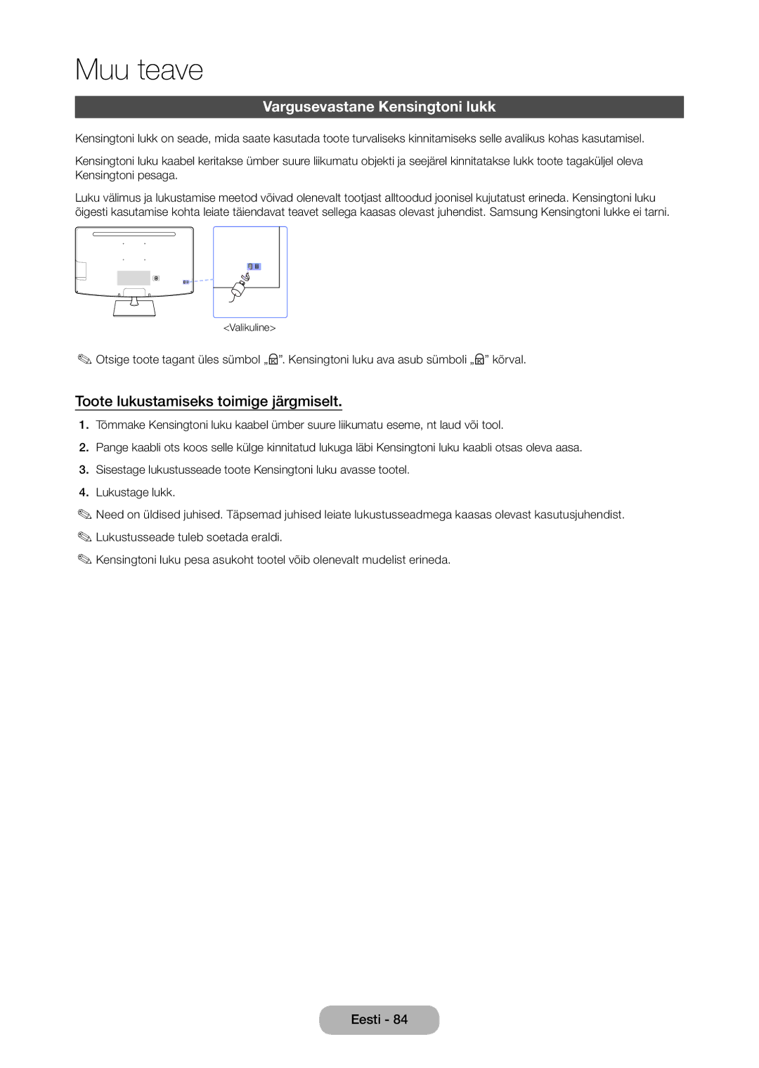 Samsung LT27C350EW/EN manual Vargusevastane Kensingtoni lukk, Toote lukustamiseks toimige järgmiselt 