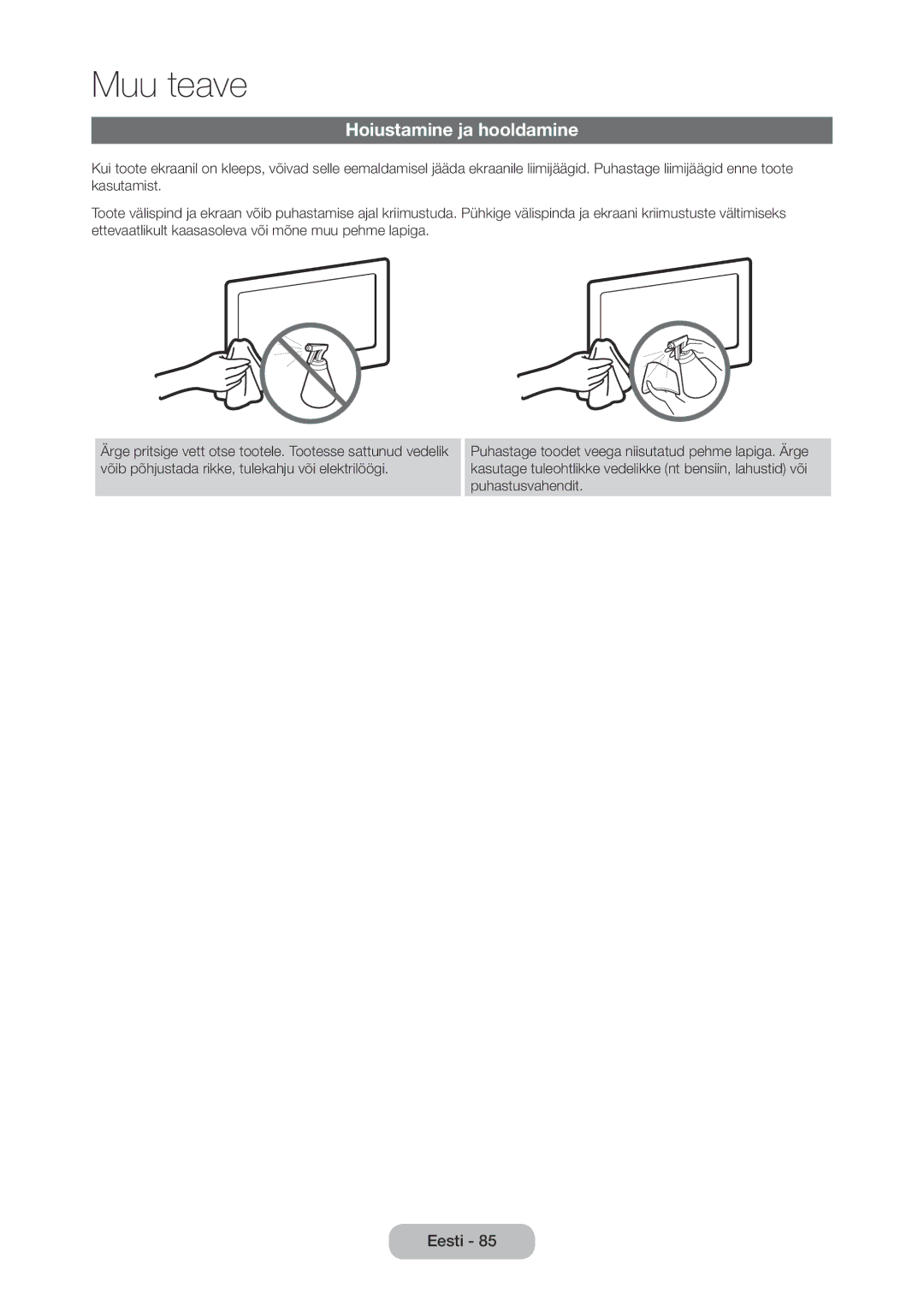 Samsung LT27C350EW/EN manual Hoiustamine ja hooldamine 