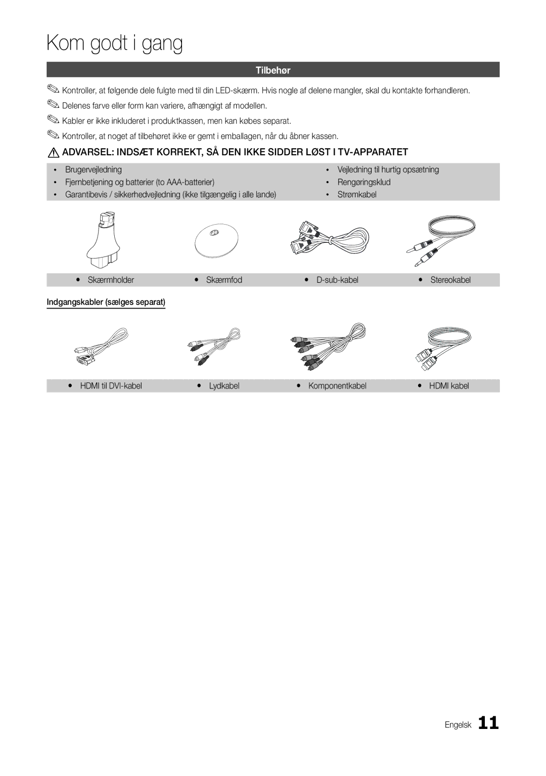 Samsung LT22C300EW/XE, LT27C370EW/XE, LT24C300EW/XE manual Tilbehør, Xx Strømkabel Yy Skærmholder Yy Skærmfod Yy D-sub-kabel 