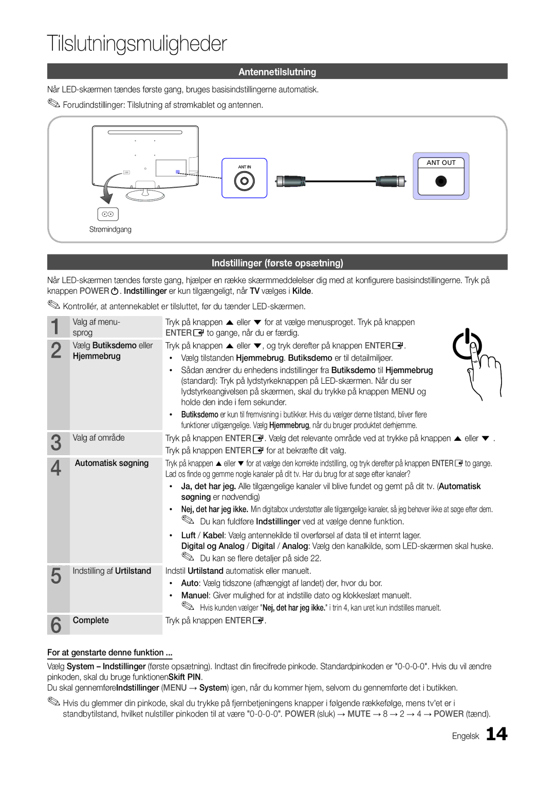 Samsung LT22C300EW/XE, LT27C370EW/XE manual Tilslutningsmuligheder, Antennetilslutning, Indstillinger første opsætning 