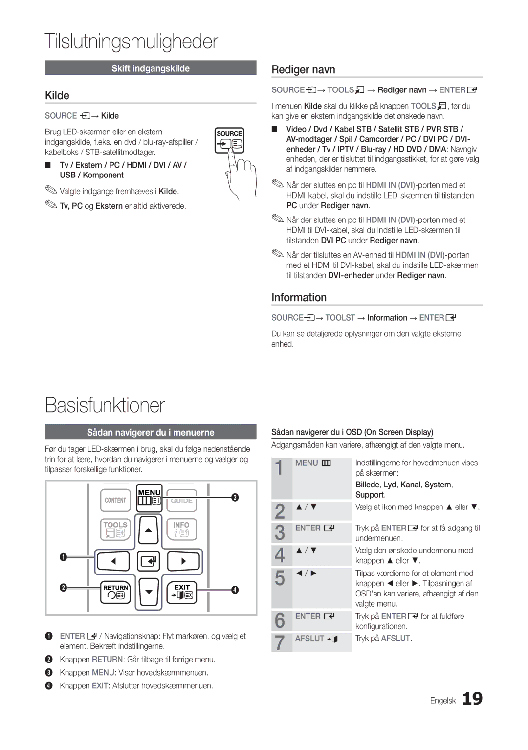 Samsung LT24C300EW/XE, LT27C370EW/XE, LT22C300EW/XE manual Basisfunktioner, Kilde, Rediger navn, Information 