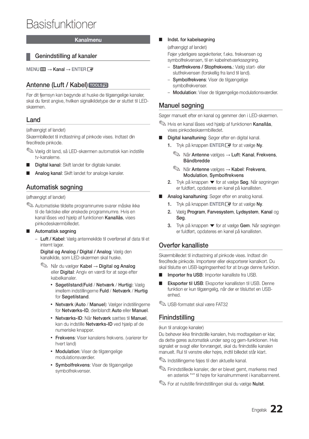 Samsung LT24C300EW/XE Antenne Luft / Kabelt, Land, Automatisk søgning, Manuel søgning, Overfør kanalliste, Finindstilling 