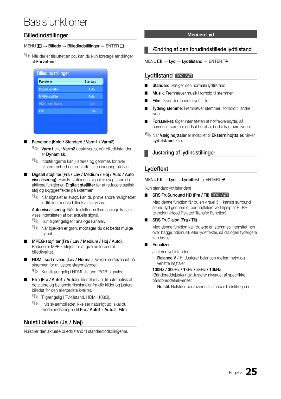 Samsung LT24C300EW/XE, LT27C370EW/XE, LT22C300EW/XE Billedindstillinger, Nulstil billede Ja / Nej, Lydtilstand t, Lydeffekt 